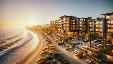 Luxurious resort in California with a wide sandy beach in front. The scene is set during the golden hour of sunset. AI-generatedの素材