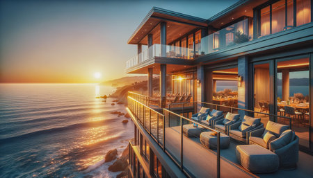 Resort in California, featuring ocean-view balconies that offer breathtaking vistas of the sparkling waters at sunset. AI-generatedの素材