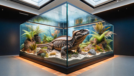 Tuatara inside a large glass aquarium at a zoo. AI-generated imageの素材