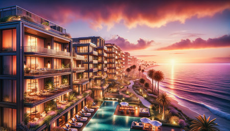 Luxurious California resort during sunset, capturing the essence of a tranquil, upscale vacation spot. AI-generatedの素材