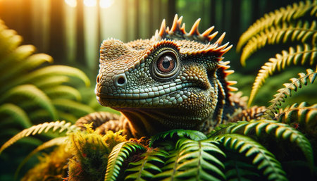Close-up portrait of tuatara, an ancient reptile native to New Zealand. AI-generatedの素材