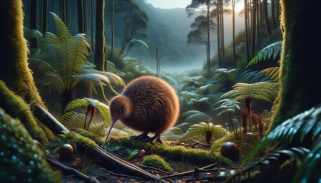 Kiwi bird in its natural habitat in New Zealand. AI-generated imageの素材