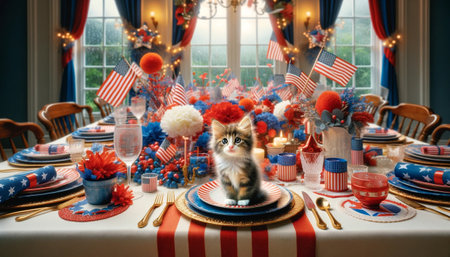 4th of July holiday decorations on a table and adorable kitten sits in the center of the table. AI-generatedの素材
