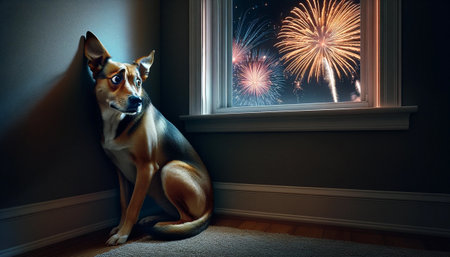 Dog frightened of fireworks. AI-generated imageの素材