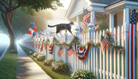 Cat walking on a fence decorated for the 4th of July holiday. The fence is adorned with American flags, red, white, and blue bunting. AI-generatedの素材