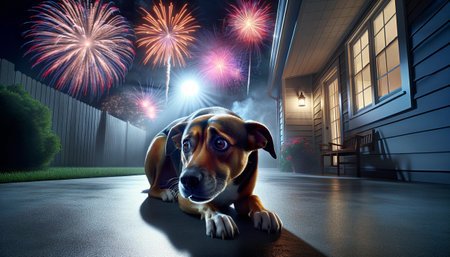 Frightened dog during the fireworks. AI-generated imageの素材