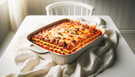 Beef lasagna in a white ceramic dish, placed on a white linen tablecloth on a white kitchen table. The lasagna is served with tomatoes on the side. AI-generatedの素材