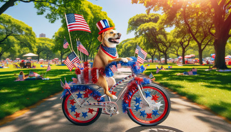 Dog riding a bicycle festively decorated with American flags, streamers in red, white, and blue, and sparkly decorations to celebrate the 4th of July. AI-generatedの素材