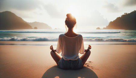Woman meditating on the beach, viewed from behind. The scene captures the serene atmosphere of the early morning. AI-generatedの素材