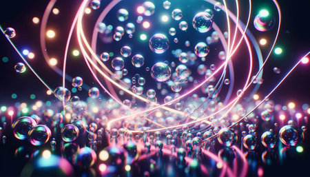 Neon light and floating bubbles, abstract. AI-generatedの素材