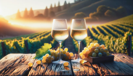 Serene morning scene with two glasses of white wine on a rustic wooden table, set against the backdrop of vibrant California vineyards. AI-generatedの素材
