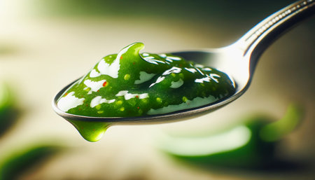 Jalapeno sauce held in a spoon, captured in a close-up view. AI-generatedの素材