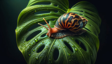 Colorful snail glides over a monstera leaf dotted with fresh water droplets against a dark background. AI-generatedの素材