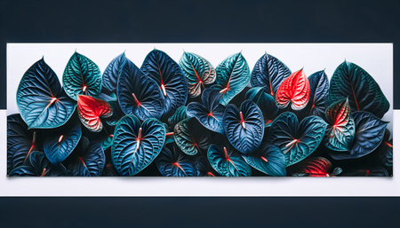 Stunning arrangement of vibrant anthurium leaves displayed on a canvas, abstract floral background. AI-generatedの素材