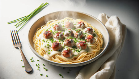 Steaming spaghetti with meatballs and creamy sauce garnished with chives on a plate. AI-generatedの素材