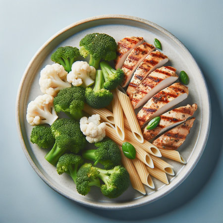 Grilled chicken strips with penne pasta, broccoli, and cauliflower on a plate. AI-generatedの素材