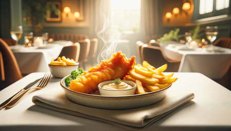 Steaming fish and chips served on a plate with tartar sauce in a cozy restaurant setting.の素材