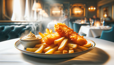 Steaming fish and chips with a side of mayonnaise served in a fine dining restaurant.の素材