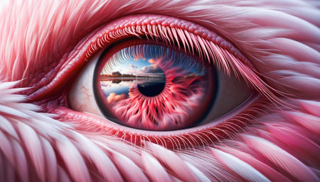 Vivid flamingo eye reflecting a serene landscape, illustrating nature's beauty and complexity.の素材