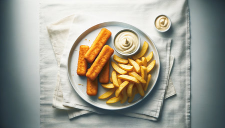 Fish sticks and fries with a side of mayonnaise presented on a plate atop a white linen tablecloth.の素材