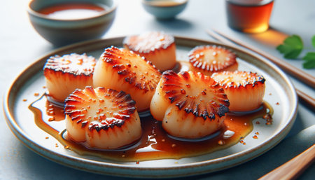 Grilled scallops are drizzled with soy sauce on a ceramic plateの素材