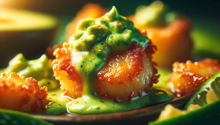 Sumptuous scallop topped with a creamy avocado sauce and fish roe, ready to be enjoyed.の素材