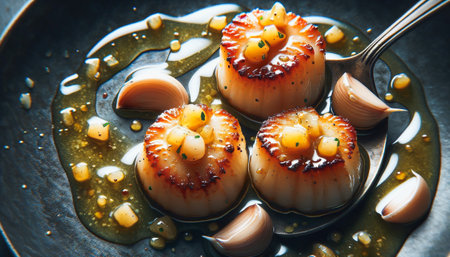Seared scallops with garnishes are served on a dark plate with a sauce.の素材
