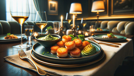 Elegantly plated scallops with avocado cream served in a sophisticated dining setting.の素材