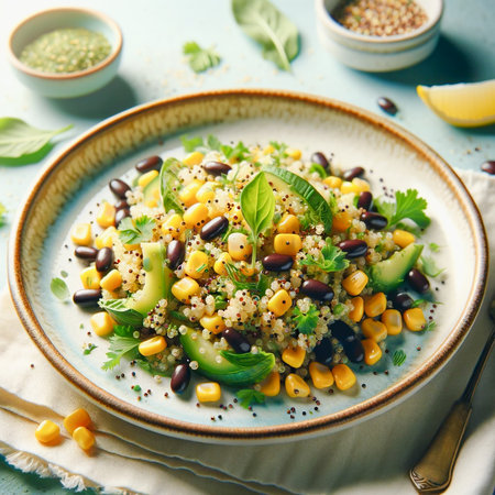 Colorful quinoa salad with black beans, corn, cucumber, and fresh herbs in a ceramic bowl.の素材