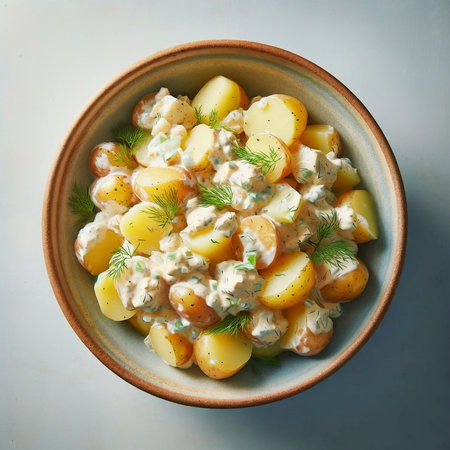 Creamy dill potato salad served in a ceramic dishの素材