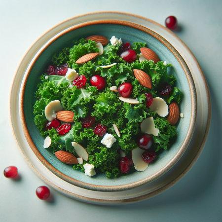 Kale salad with almonds, cranberries, and feta cheese in a stoneware bowl.の素材