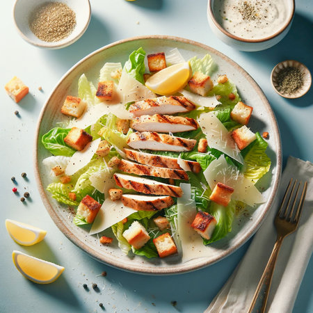Grilled chicken Caesar salad with croutons and parmesan shavings.の素材