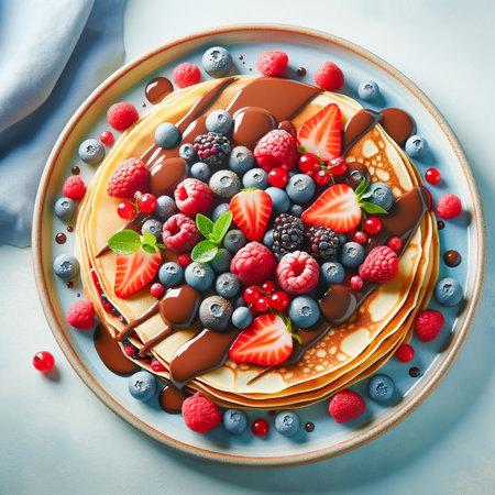 Golden pancakes topped with fresh berries and chocolate syrupの素材