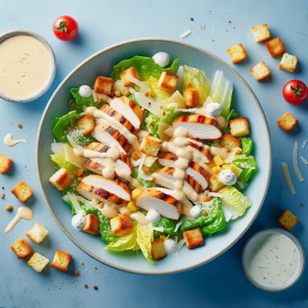 Grilled chicken Caesar salad with croutons and creamy dressing.の素材