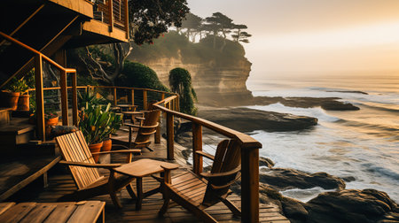 Wooden terrace with chairs overlooking a misty sea at sunrise.の素材