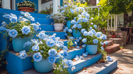 Blue steps of a house adorned with vibrant pots of blooming flowers.の素材