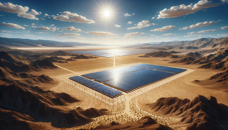 Solar energy farm in a desert valley harnessing power under a bright sun.の素材