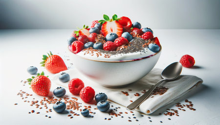 Bowl of yogurt with fresh berries and chia seeds on a white surface.の素材