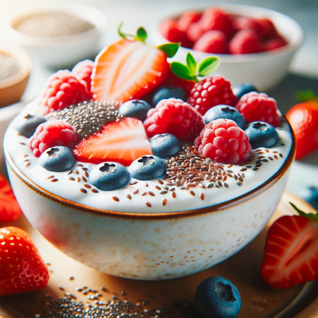 Bowl of yogurt with fresh berries and chia seeds.の素材