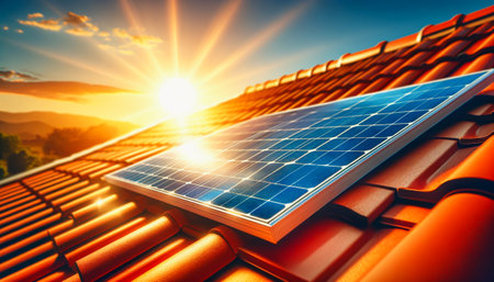 A solar panel catches the sun's rays on a terracotta tiled rooftop at sunset.の素材