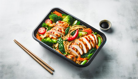 Healthy chicken and vegetable stir-fry with noodles in a to-go container, accompanied by soy sauce and chopsticksの素材