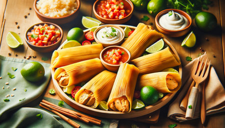 Traditional Mexican tamales served with a selection of salsas and limes on a wooden table.の素材