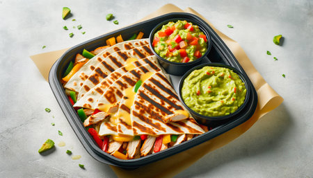 Grilled chicken quesadillas served with fresh guacamole.の素材
