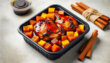 Glazed chicken thighs with butternut squash in a meal prep container, served with a side of sauce and cinnamon sticksの素材