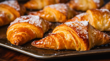 Golden-brown apple turnovers with a sweet glaze on a baking sheet.の素材