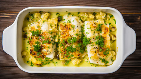 Baked fish fillets in a white dish with herbs and artichokes.の素材