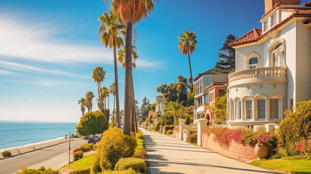Elegant homes line a coastal road with towering palm trees under a clear sky somewhere in California.の素材