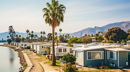 Mobile homes by a lakeside with palm trees and hills in the backgroundの素材