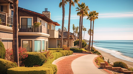 Seaside pathway along luxurious homes with ocean views and palm trees.の素材