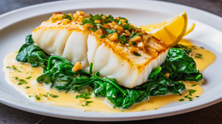 Perfectly grilled fish fillet on a bed of spinach with a creamy sauce and lemon garnish.の素材